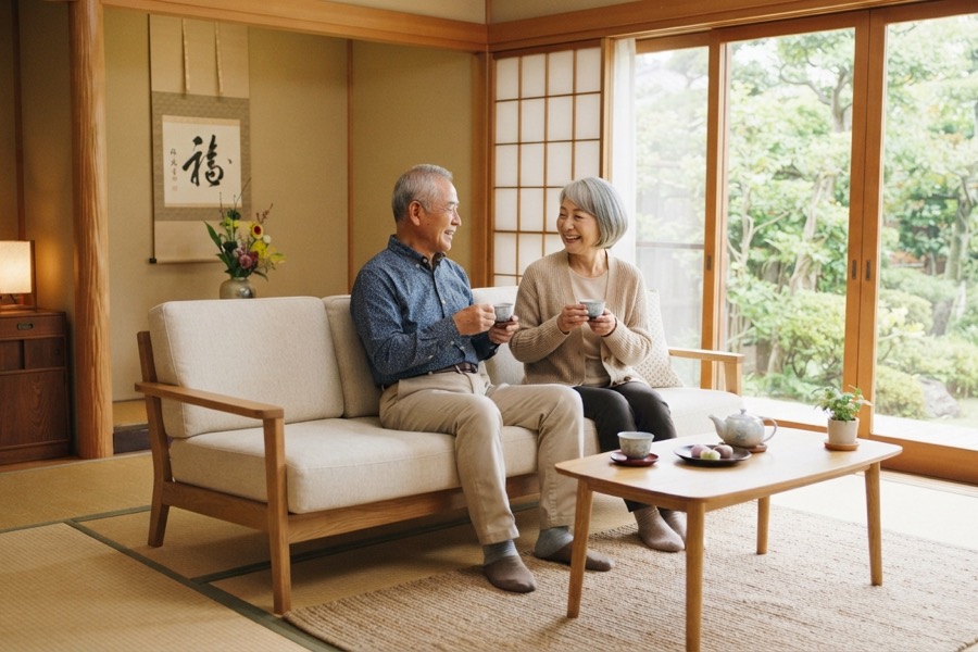 片付いた明るい和室で穏やかに過ごす日本人シニア夫婦