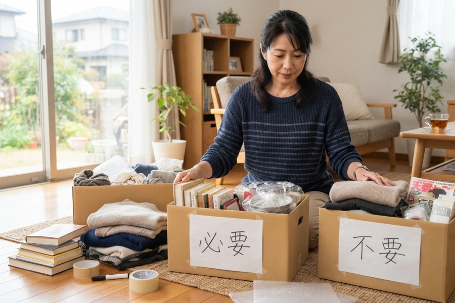 リビングで段ボール箱に荷物を仕分けしている日本人女性