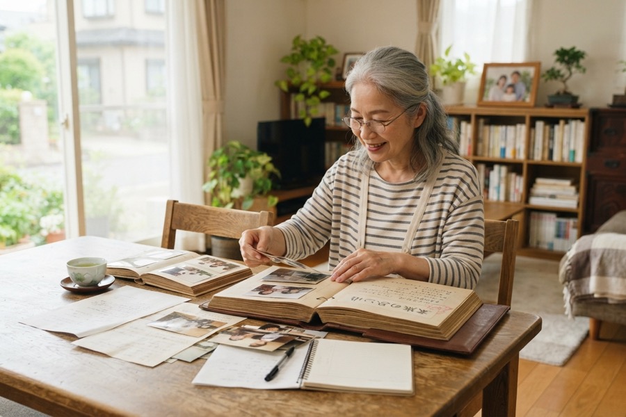 明るいリビングで書類やアルバムを整理している日本人シニア女性