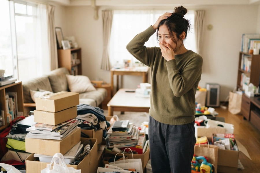年末の不用品処分の大変さを示すイメージ